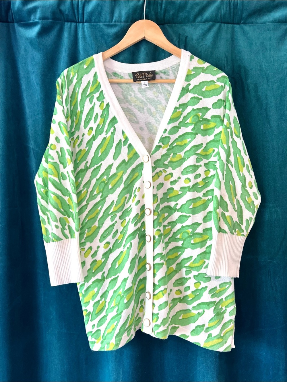 Bob Mackie Green and White Animal Print V-Neck Cardigan